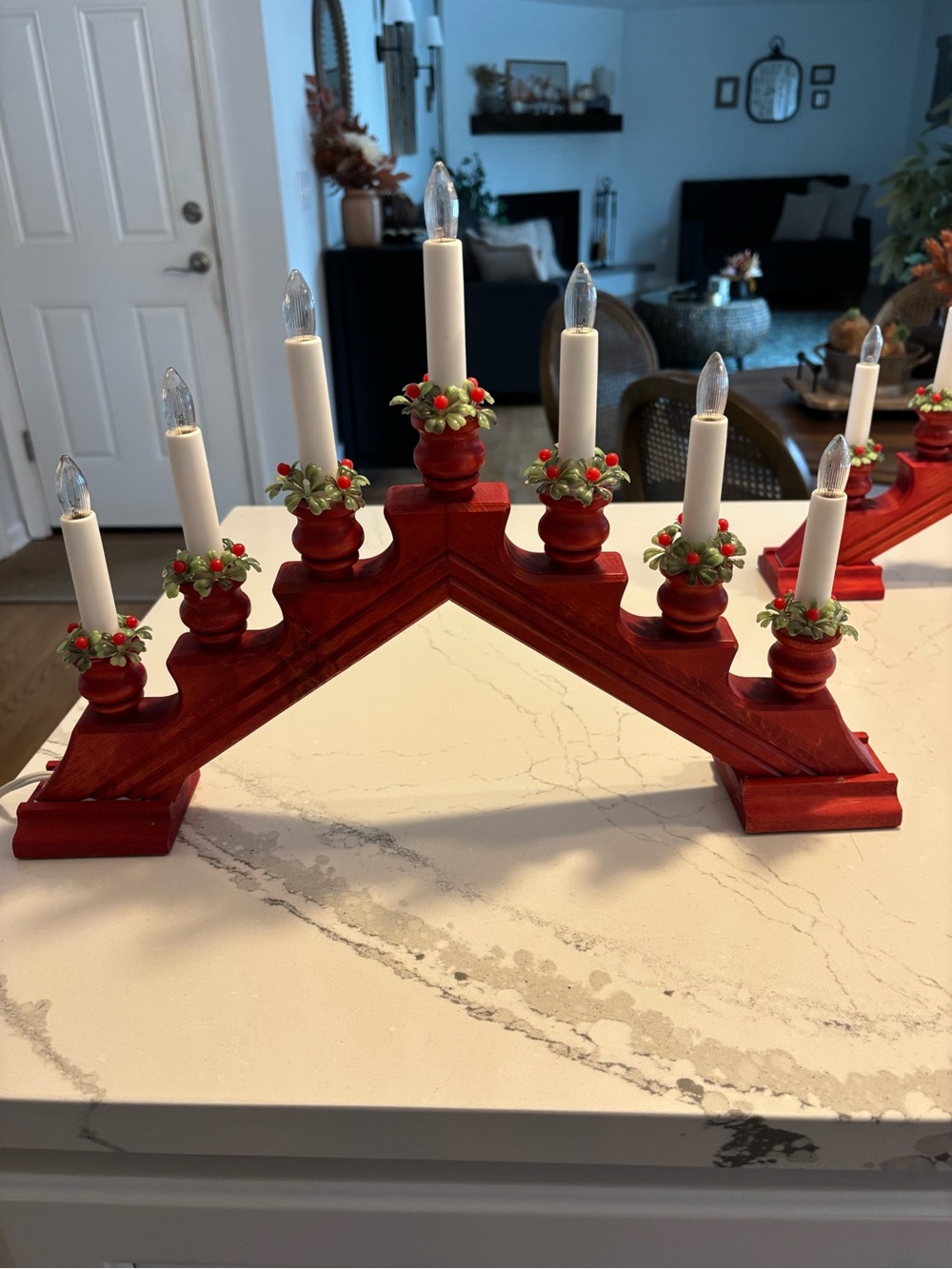 Set of two Vintage Swedish Red Wooden advent Candle Bridge with Holly Accents
